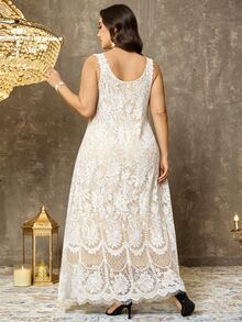 SHEIN Clasi Plus Size Spring/Summer French Style Elegant Casual Commute Vacation Lace Color Block Spaghetti Strap Maxi A-Line Dress - White - View 2