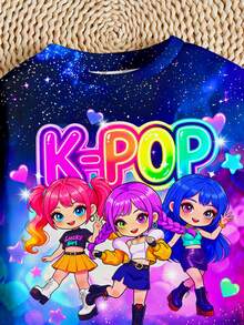 少女可愛卡通女團印花 K-Pop 紮染圓領長袖運動衫與內搭褲 2 件套，適合秋冬 - 彩色 - 查看 6
