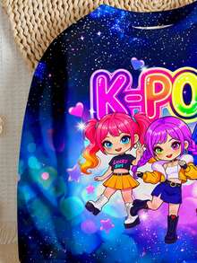少女可愛卡通女團印花 K-Pop 紮染圓領長袖運動衫與內搭褲 2 件套，適合秋冬 - 彩色 - 查看 9