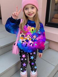 少女可愛卡通女團印花 K-Pop 紮染圓領長袖運動衫與內搭褲 2 件套，適合秋冬 - 彩色 - 查看 3