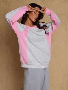 Glamine Casual Minimalist Round Neck Colorblock Slouchy Loose Fit Commuter Sports Sweatshirt - Grey - View 7