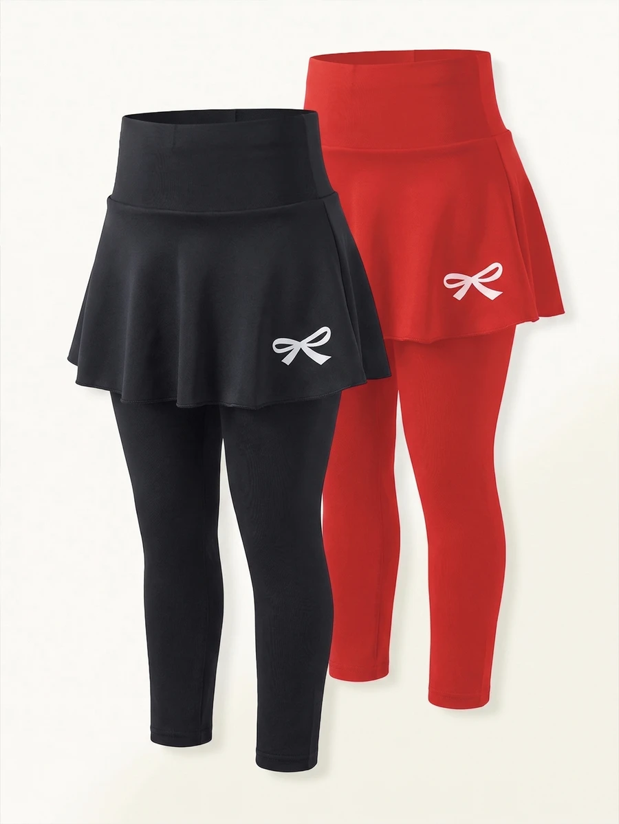 SHEIN 2件組女童裙褲,蝴蝶結印花高腰彈性褲附裙擺,休閒四季穿著,適合日常穿搭與旅行 - 紅色 - 查看 1