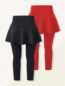SHEIN 2件組女童裙褲，蝴蝶結印花高腰彈性褲附裙擺，休閒四季穿著，適合日常穿搭與旅行 - 紅色 - 查看 2