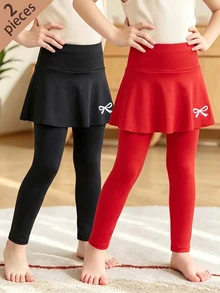 SHEIN 2件組女童裙褲，蝴蝶結印花高腰彈性褲附裙擺，休閒四季穿著，適合日常穿搭與旅行 - 紅色 - 查看 8