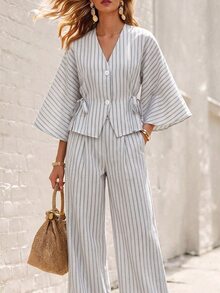 SHEIN Women's Urban Striped 2 Pieces Set, Vintage Striped Collarless Blazer Suit, Striped Wide Leg Pants, Casual, Commute, Date, Vacation, Autumn Outfit - Black and White - View 3
