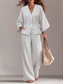 SHEIN Women's Urban Striped 2 Pieces Set, Vintage Striped Collarless Blazer Suit, Striped Wide Leg Pants, Casual, Commute, Date, Vacation, Autumn Outfit - Black and White - View 5