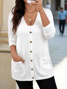 Chikora 大尺碼女款素色秋季開襟衫，附口袋，適合假期與冬季 - 白色 - 查看 3