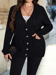 Chikora Plus Size Women's Loose Cardigan Sweater Business Casual Soft Form Normal Woman Holiday Country Tops, Autumn Office Work Black - Black - View 1