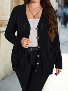 Chikora Plus Size Women's Loose Cardigan Sweater Business Casual Soft Form Normal Woman Holiday Country Tops, Autumn Office Work Black - Black - View 3