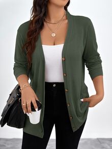 Chikora Plus Size Women's Solid Color Fall Cardigan With Pockets Holiday,Fall Clothes For Women Autumn Winter - Olive Green - View 4