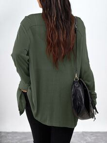 Chikora Plus Size Women's Solid Color Fall Cardigan With Pockets Holiday,Fall Clothes For Women Autumn Winter - Olive Green - View 2