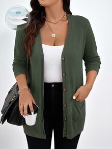 Chikora Plus Size Women's Solid Color Fall Cardigan With Pockets Holiday,Fall Clothes For Women Autumn Winter - Olive Green - View 1