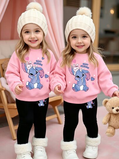 SHEIN Ensemble sweat-shirt à capuche col rond et leggings imprimé lettres lapin bleu et blanc kawaii dessin animé décontracté pour bébé fille, vêtements pour petite fille