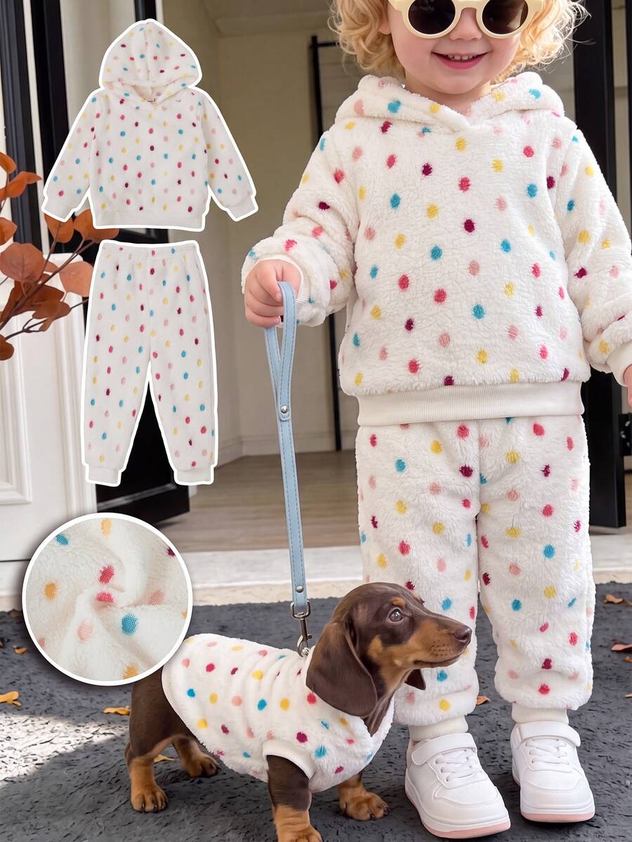 SHEIN Cute Polka Dot Fuzzy Sweatshirt And Elastic Waist Long Pants Set For Baby Girls - White - View 1