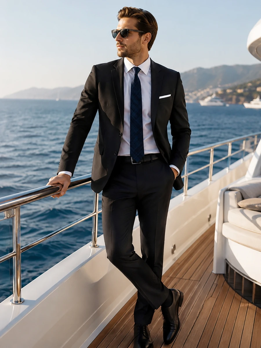 ARLO REED Bộ vest nam 2 món gồm áo blazer tay dài và quần dài, phong cách thường ngày, đi làm, du lịch, lịch sự, Old Money - màu đen - Xem 1