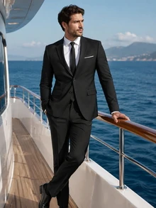 ARLO REED Bộ vest nam 2 món gồm áo blazer tay dài và quần dài, phong cách thường ngày, đi làm, du lịch, lịch sự, Old Money - màu đen - Xem 3