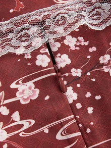 Irokai 女款花卉印花蕾絲拼接收腰長袖浴袍 酒紅色 夏季 非洲傳統杜拜度假風 義大利度假旅行派對 - 彩色 - 查看 7