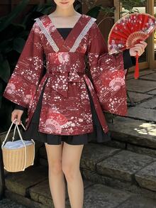 Irokai 女款花卉印花蕾絲拼接收腰長袖浴袍 酒紅色 夏季 非洲傳統杜拜度假風 義大利度假旅行派對 - 彩色 - 查看 1