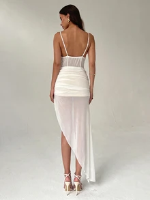Aloruh Women's Fashion Sling Dress, With Semi-Sheer Mesh & Ruched Design,Dresses For Women Summer - White - View 8