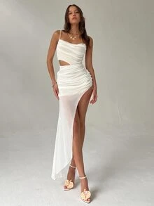Aloruh Women's Fashion Sling Dress, With Semi-Sheer Mesh & Ruched Design,Dresses For Women Summer - White - View 4
