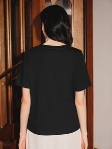 Anewsta 現代優雅時尚百搭四季女款夏季上衣 手工貼花修身黑色女款T恤 - 黑色 - 查看 7