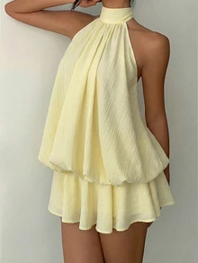 Aloruh Women's Elegant Sexy Pale Yellow Halter Neck Tie Mini Dress,Summer Dresses For Women,Wedding Going Out Vacation Guest - Yellow - View 4