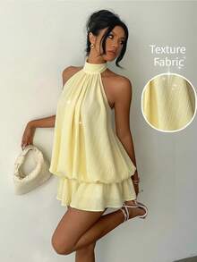 Aloruh Women's Elegant Sexy Pale Yellow Halter Neck Tie Mini Dress,Summer Dresses For Women,Wedding Going Out Vacation Guest - Yellow - View 8