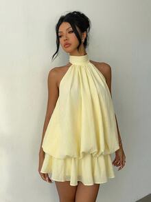 Aloruh Women's Elegant Sexy Pale Yellow Halter Neck Tie Mini Dress,Summer Dresses For Women,Wedding Going Out Vacation Guest - Yellow - View 5