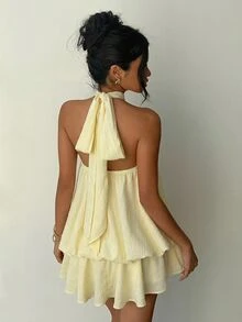 Aloruh Women's Elegant Sexy Pale Yellow Halter Neck Tie Mini Dress,Summer Dresses For Women,Wedding Going Out Vacation Guest - Yellow - View 7