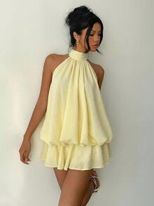 Aloruh Women's Elegant Sexy Pale Yellow Halter Neck Tie Mini Dress,Summer Dresses For Women,Wedding Going Out Vacation Guest - Yellow - View 6