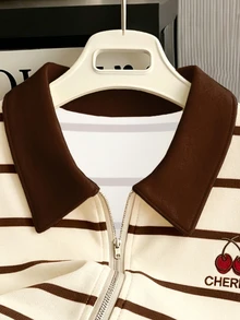 Resyla Women's Striped Letter Cherry Print Casual Preppy Cute Versatile Daily Wear Top School Teacher Elementary Blue And White Striped Summer - Apricot - View 3