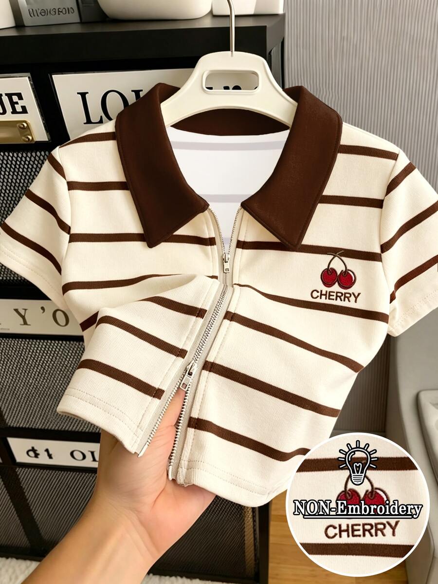 Resyla Women's Striped Letter Cherry Print Casual Preppy Cute Versatile Daily Wear Top School Teacher Elementary Blue And White Striped Summer - Apricot - View 1