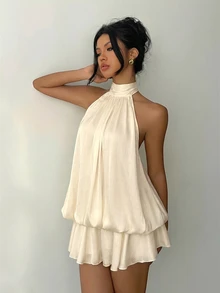 Aloruh 女士优雅浅黄色吊带迷你连衣裙 - 杏色 - 查看 6