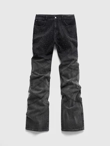 ROMWE MEN Vaqueros acampanados de hombre con strass brillantes, lavado degradado y diseño en capas - Negro - Ver 1