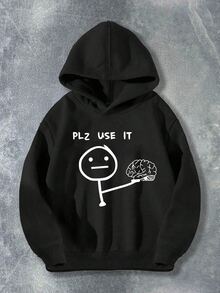 SHEIN 男童休閒街頭趣味 PLZ USE IT 字母火柴人手部大腦趣味印花運動衫，日常舒適穿著，秋季，白色 - 黑色 - 查看 3