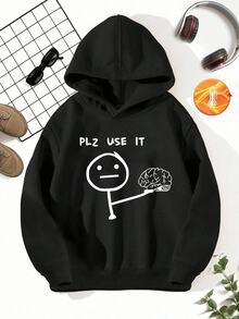 SHEIN 男童休閒街頭趣味 PLZ USE IT 字母火柴人手部大腦趣味印花運動衫，日常舒適穿著，秋季，白色 - 黑色 - 查看 4