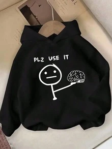 SHEIN 男童休閒街頭趣味 PLZ USE IT 字母火柴人手部大腦趣味印花運動衫，日常舒適穿著，秋季，白色 - 黑色 - 查看 1
