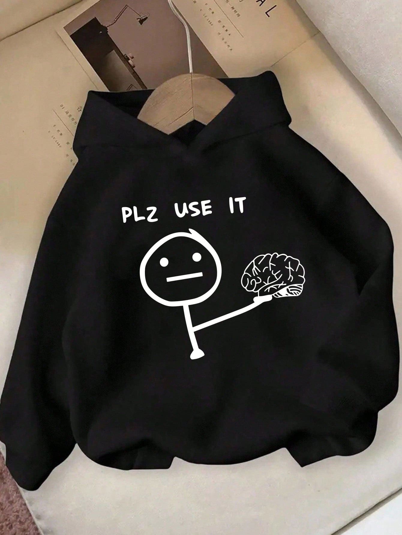 SHEIN 男童休閒街頭趣味 PLZ USE IT 字母火柴人手部大腦趣味印花運動衫,日常舒適穿著,秋季,白色 - 黑色 - 查看 1