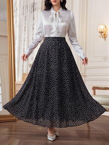 Modelyn Plus Size Women's Elegant Polka Dot Chiffon Skirt, Suitable For Commuting Fall - Black - View 1