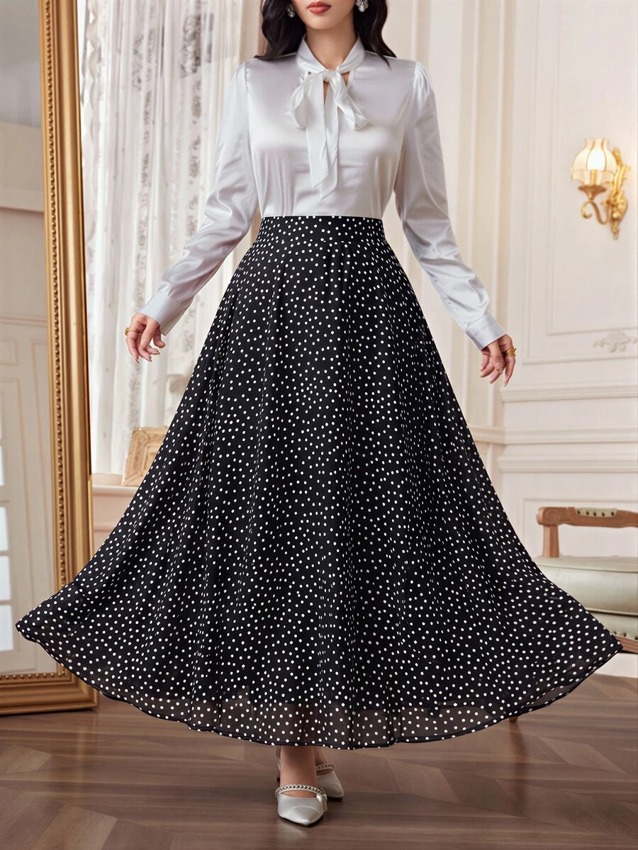 Modelyn Plus Size Women's Elegant Polka Dot Chiffon Skirt, Suitable For Commuting Fall - Black - View 1