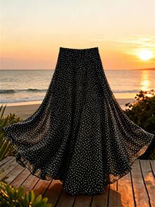 Modelyn Plus Size Women's Elegant Polka Dot Chiffon Skirt, Suitable For Commuting Fall - Black - View 3
