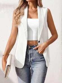 SHEIN Holidaya 女士纯色简约无袖西装外套，休闲日常穿着 - 白色 - 查看 4