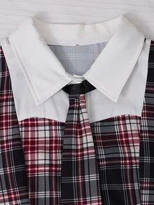 女童襯衫領拼接格紋學院風開襟泡泡長袖上衣搭配鬆緊腰百褶裙，適合春秋校園穿著 - 玫瑰紅 - 查看 7