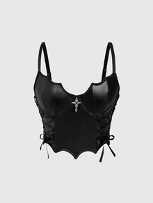 ROMWE Goth Style Bat Print Front Tied Camisole For Women - Black - View 1
