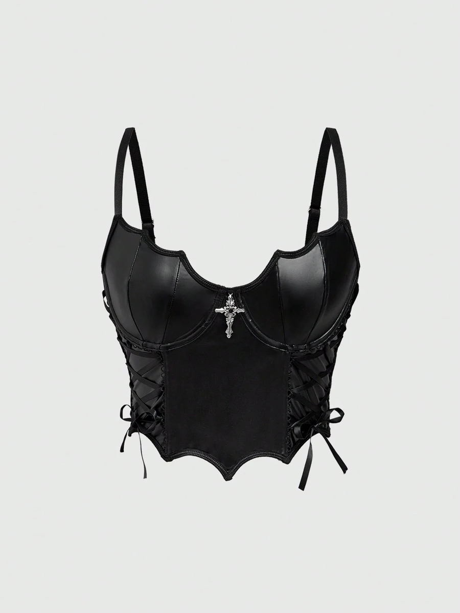 ROMWE Goth Style Bat Print Front Tied Camisole For Women - Black - View 1