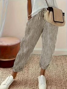SHEIN Holidaya Women's Drawstring Waist Striped Casual Versatile Daily Wear Pants - Khaki - View 4