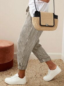 SHEIN Holidaya Women's Drawstring Waist Striped Casual Versatile Daily Wear Pants - Khaki - View 3