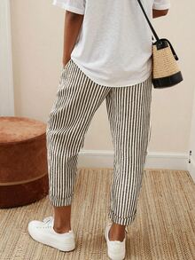 SHEIN Holidaya Women's Drawstring Waist Striped Casual Versatile Daily Wear Pants - Khaki - View 2