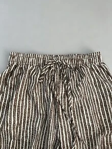 SHEIN Holidaya Women's Drawstring Waist Striped Casual Versatile Daily Wear Pants - Khaki - View 5