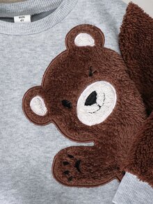 SHEIN Kids Baby Boy Colorblock Patchwork Printed Bear Crew Neck Pullover Winter Sweatshirt,Halloween Fall School Christmas - Grey - View 3